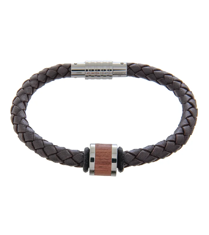 Slim pearl bangles-Mens Bracelet 21cm Brown Leather with Long Bubinga Link