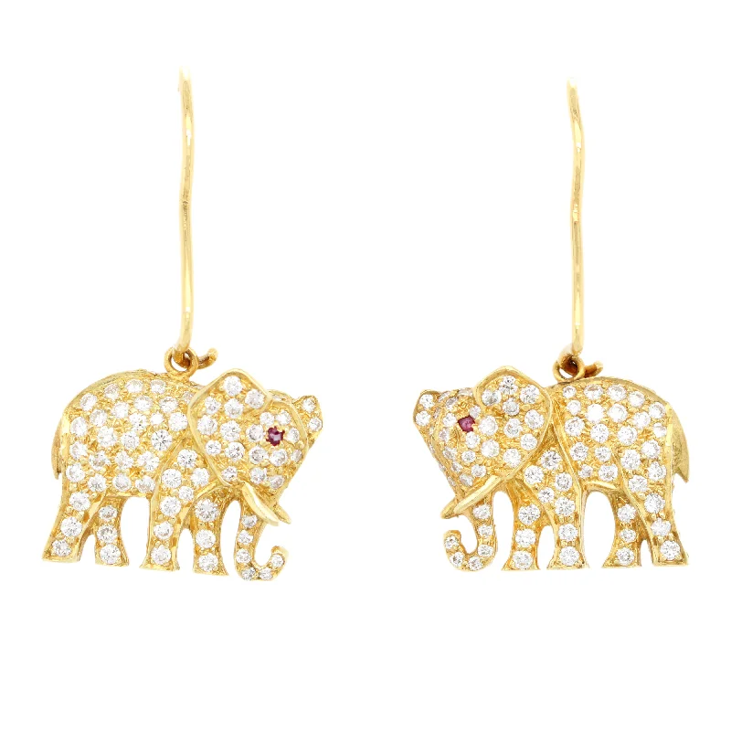 Pink gold earrings-Vintage 1.50ctw Diamond & Ruby Eyed Elephant Dangle Earrings in 18k Yellow Gold