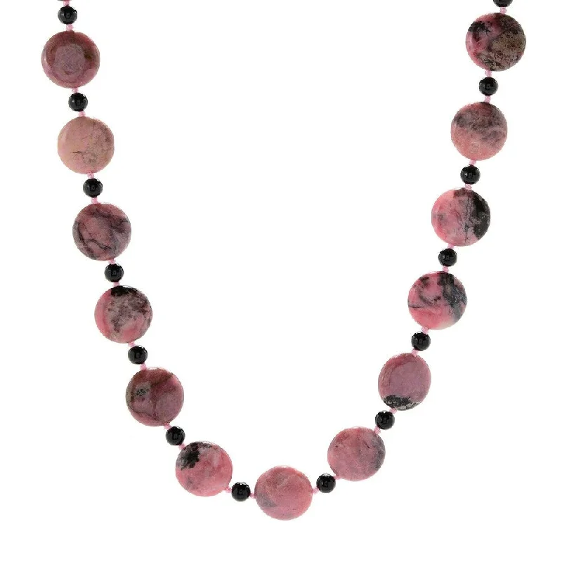 Spinel necklaces-28" 18mm Coin Shaped Rhodonite & Onyx Beaded Endless Necklace