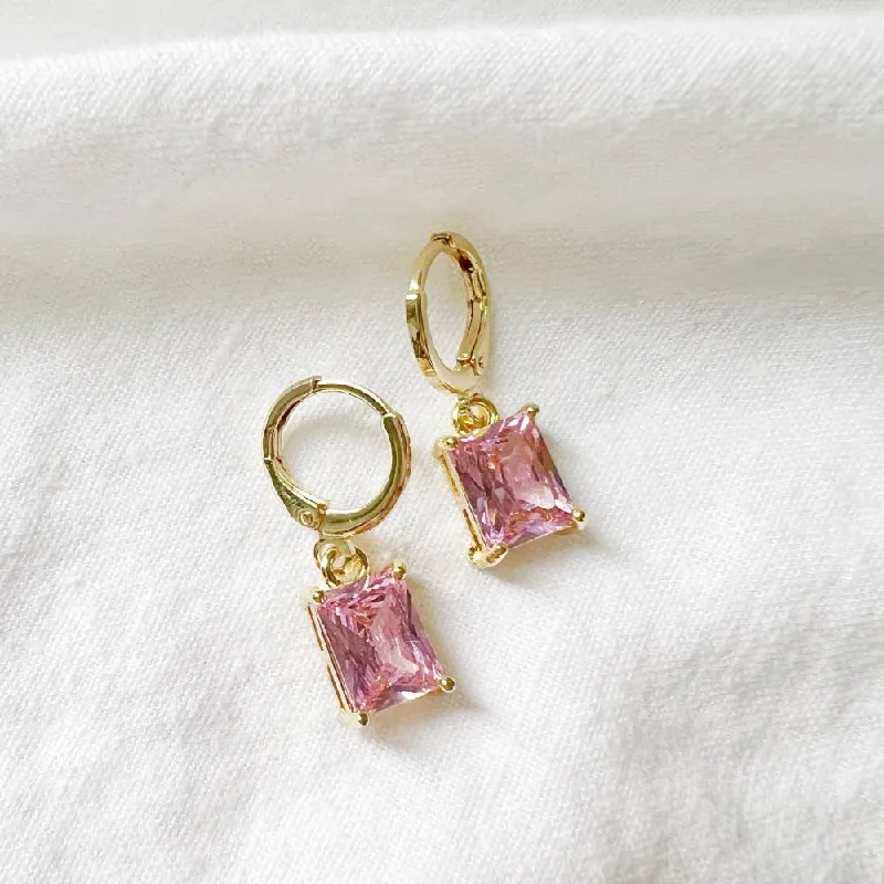 Pure crystal earrings-Arden Pink CZ Baguette Huggie Hoops Gold Filled Earrings