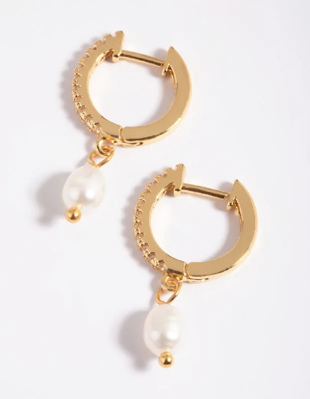 Shiny gold earrings-Gold Plated Brass Cubic Zirconia Pearl Huggie Hoop Earrings