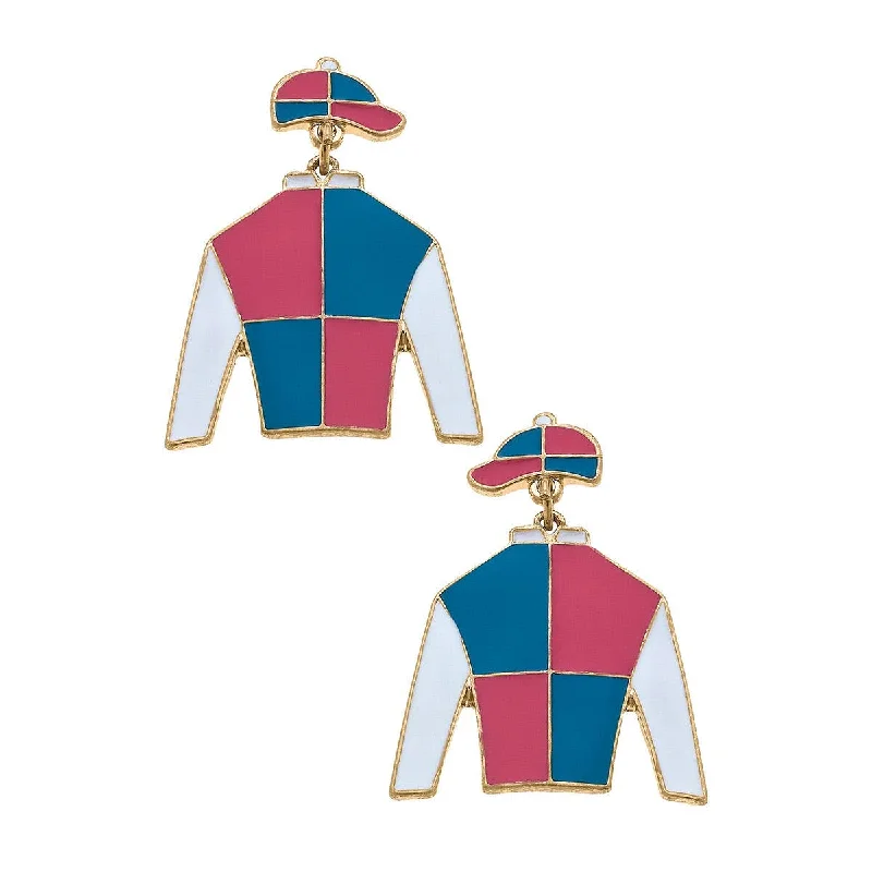 Subtle dangle earrings-Sir Barton Jockey Silk Enamel Drop Earrings in Fuchsia & Blu