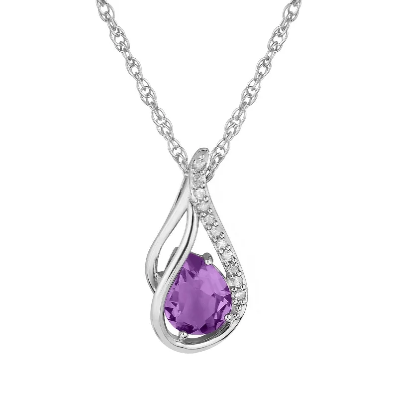 Thai style necklaces-Viducci 10k White Gold Genuine Pear-shape Amethyst and Diamond Halo Drop Pendant Necklace