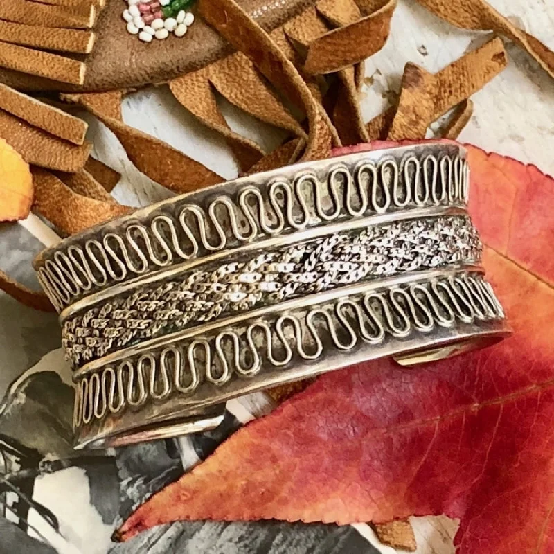 Open frame bangles-Sterling Silver Wide cuff Bracelet with Woven Appliqué