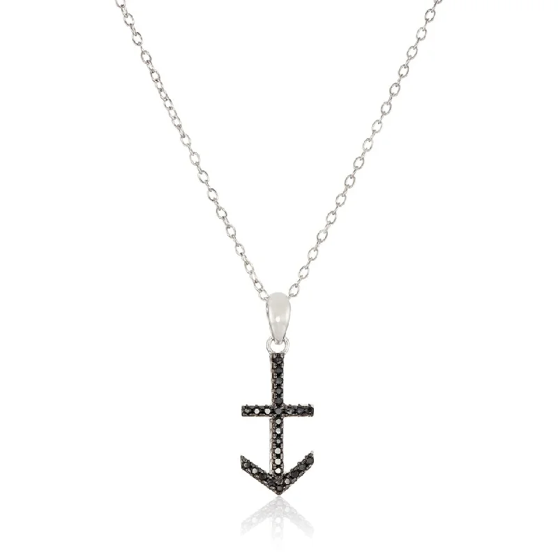 Luxe diamond necklaces-Sterling Silver Black Spinel Anchor Pendant Necklace, 18"