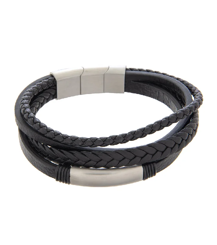 Chunky stone bangles-Mens Bracelet 19-21cm Black Multi-Leather with Rhodium Steel and extender