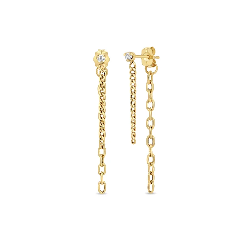 Vibrant enamel earrings-14k Prong Diamond Mixed Chain Double Drop Earrings