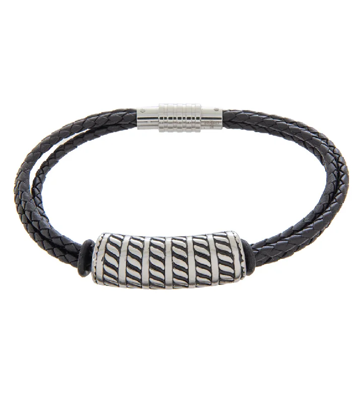 Crystal-twisted bangles-Mens Bracelet 23cm Triple Black Leather with Long Cable Link