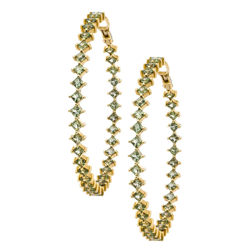 Deco style earrings-Jo Hoops Yellow Gold Green Sapphire