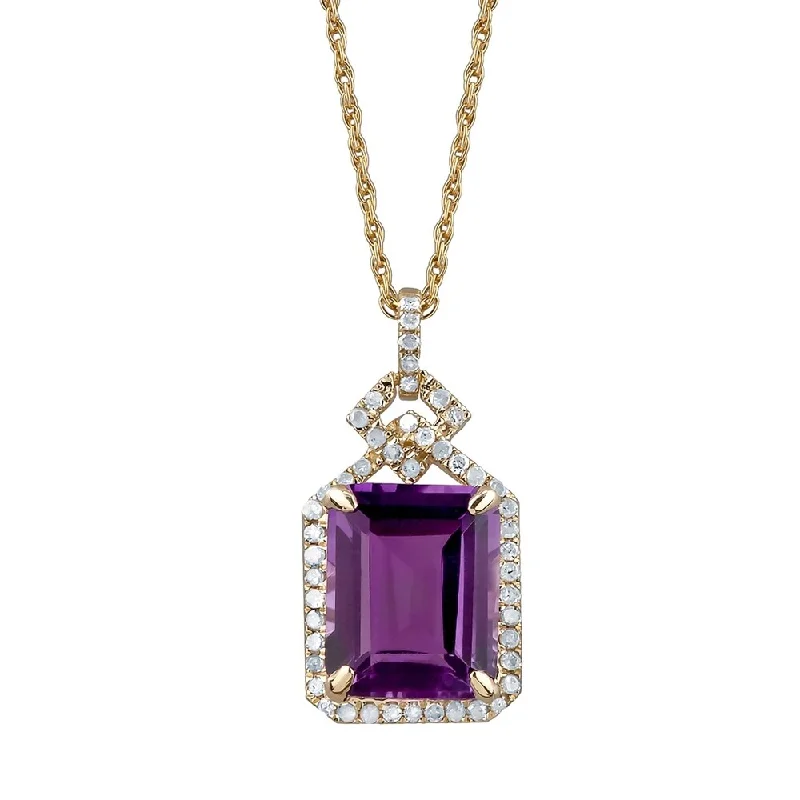 Fiber tassel necklaces-Viducci 10k Yellow Gold Genuine Emerald-cut Amethyst and 1/4ct Diamond Halo Necklace