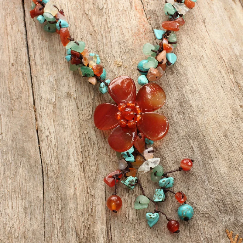 Vintage locket necklaces-Handmade Agate and Carnelian Summer Flower Multicolor Floral Pattern Necklace (Thailand)