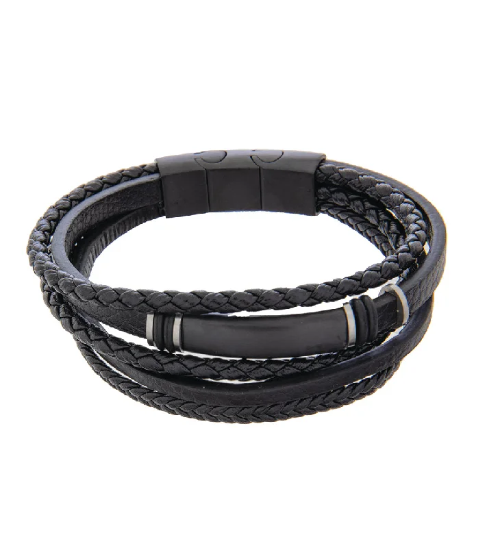 Radiant star bangles-Mens Bracelet 19-21cm Black Multi-Leather with Black Steel and extender