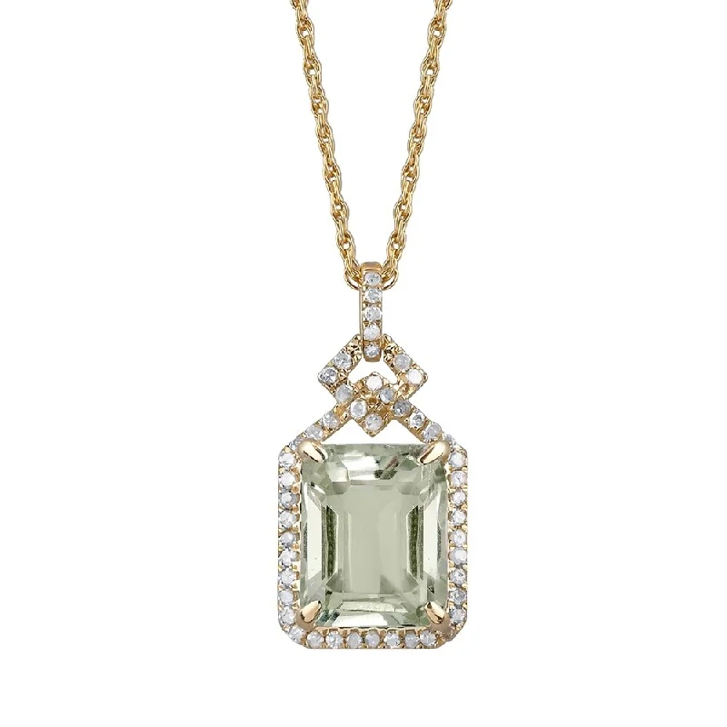 Worn style necklaces-Viducci 10k Yellow Gold Genuine Emerald-cut Green Amethyst and 1/4ct Diamond Halo Necklace