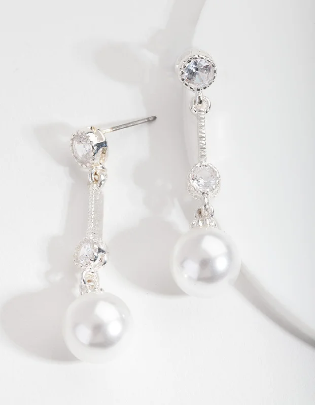 Bamboo style earrings-Silver Pearl Drop Earrings