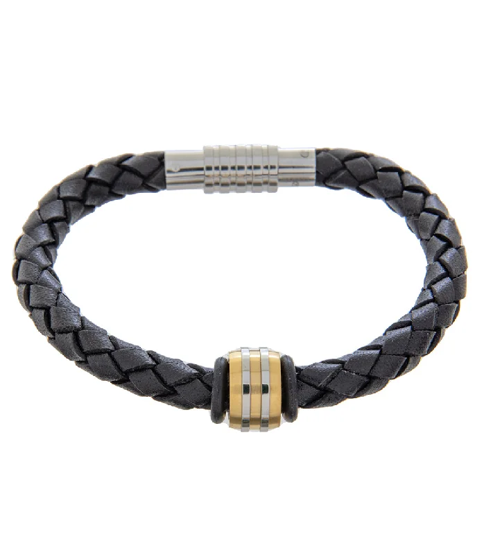 Loop charm bangles-Mens Bracelet 19cm Black Leather with Accent Bead