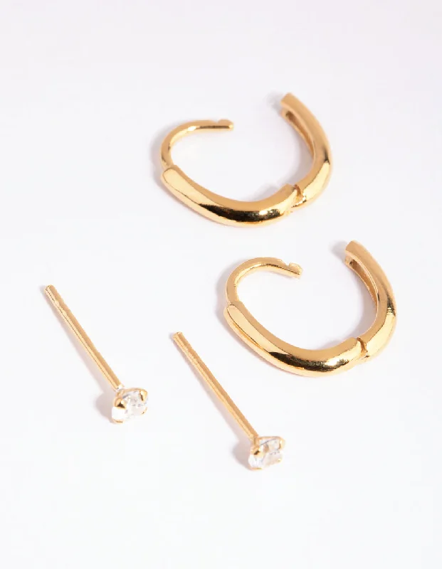 Light drop earrings-Gold Plated Sterling Silver Diamante & Oval Huggie Earring Pack