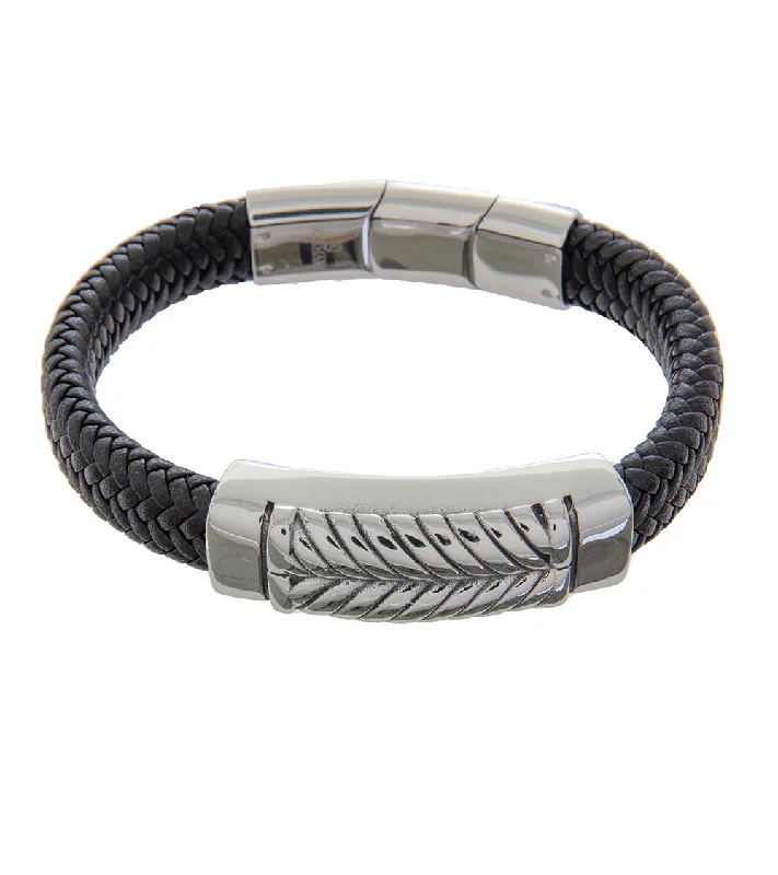 Tiny dot bangles-Mens Bracelet 21-23 cm Steel Bangle with Black Leather and extender