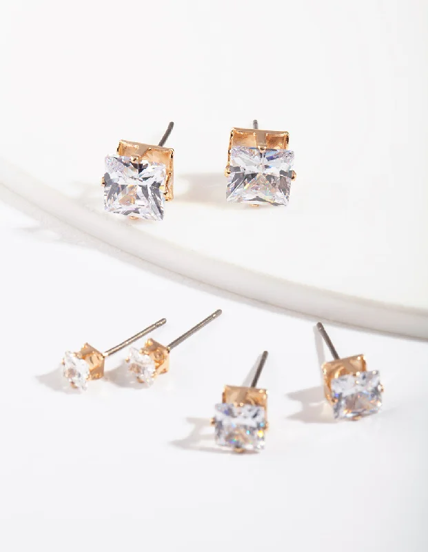 Half moon earrings-Gold Square Cut Diamante Stud Pack