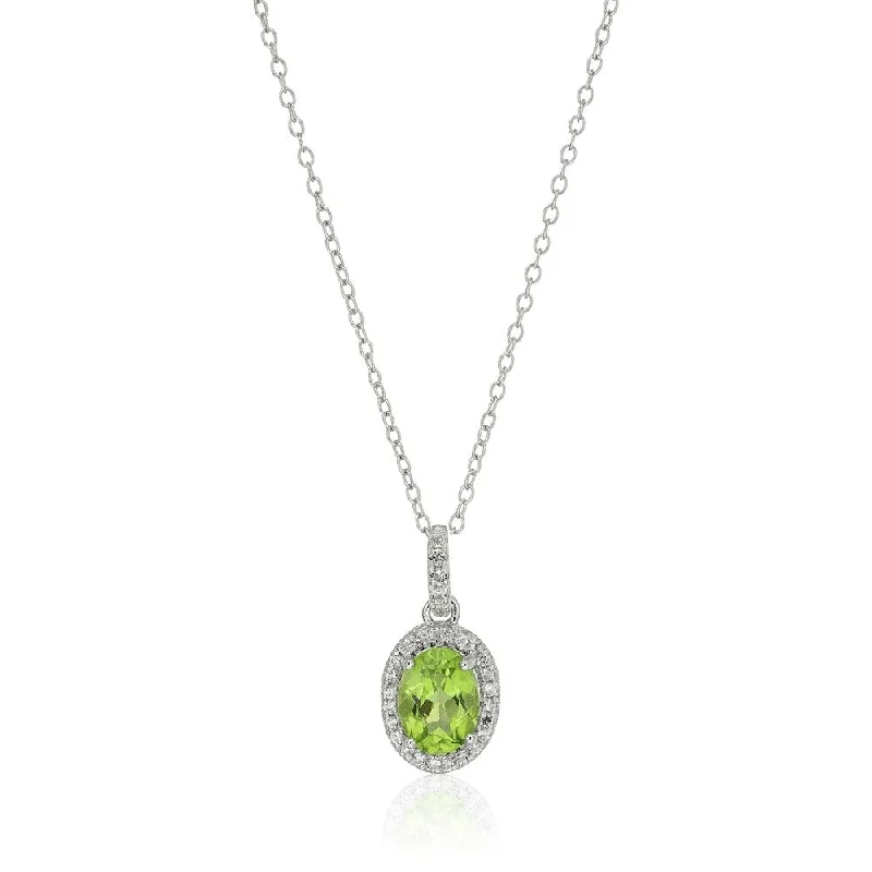 Emerald drop necklaces-Sterling Silver Oval Peridot and White Topaz Pendant Necklace, 18"