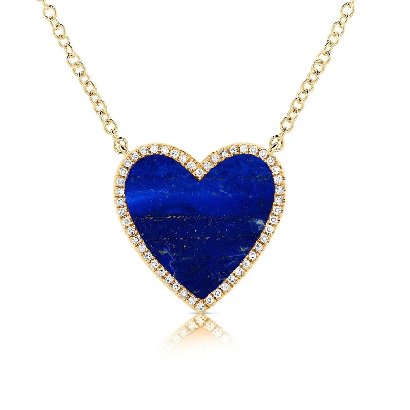 Amethyst pendant necklaces-Joelle Lapis & Diamond Pave Heart Necklace 14K Gold