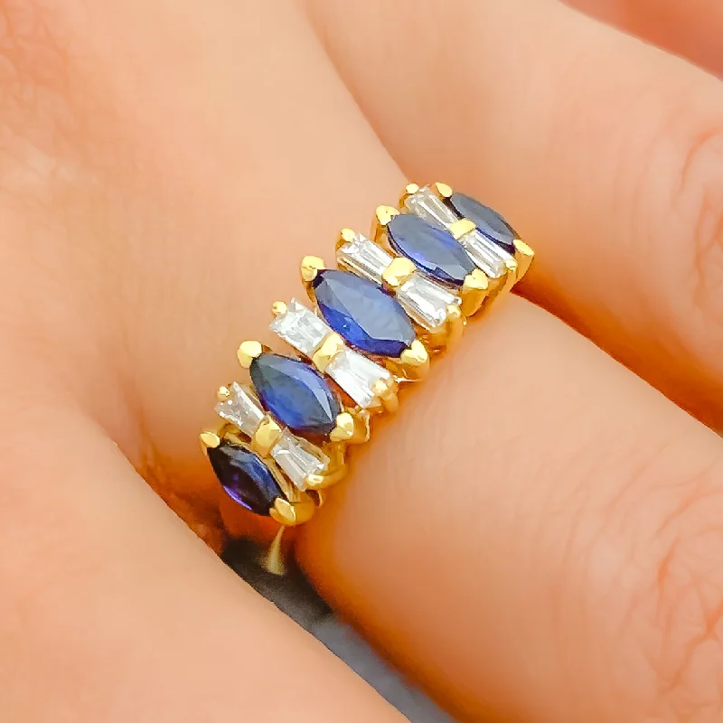 Dove feather engagement rings-Striking Diamond + Sapphire + 18k Gold Marquise Ring