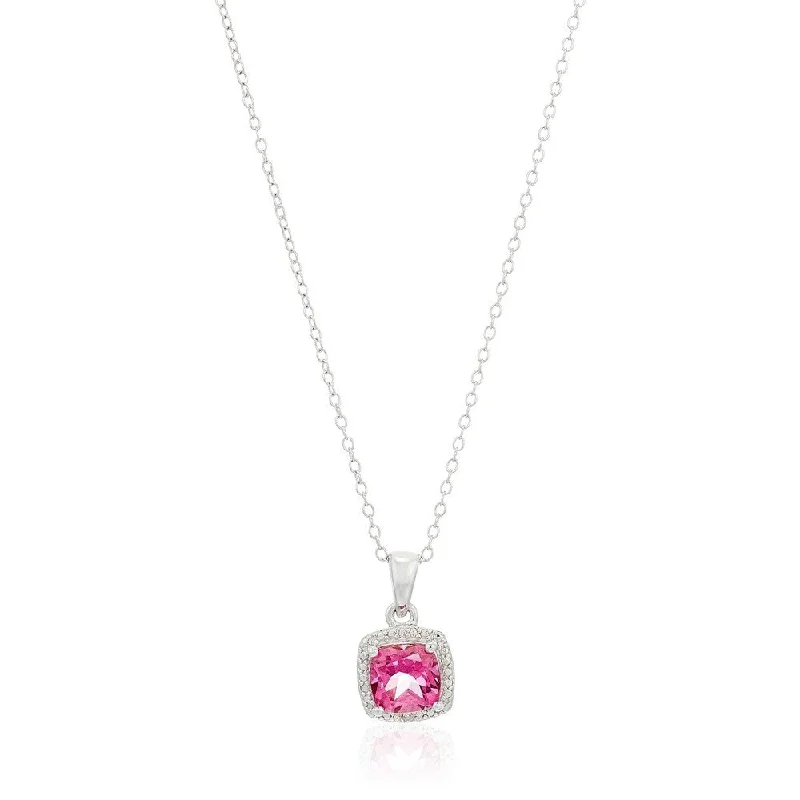 Oval gem necklaces-Sterling Silver Cushion Pink Topaz & Diamond Accented Pendant Necklace 18"