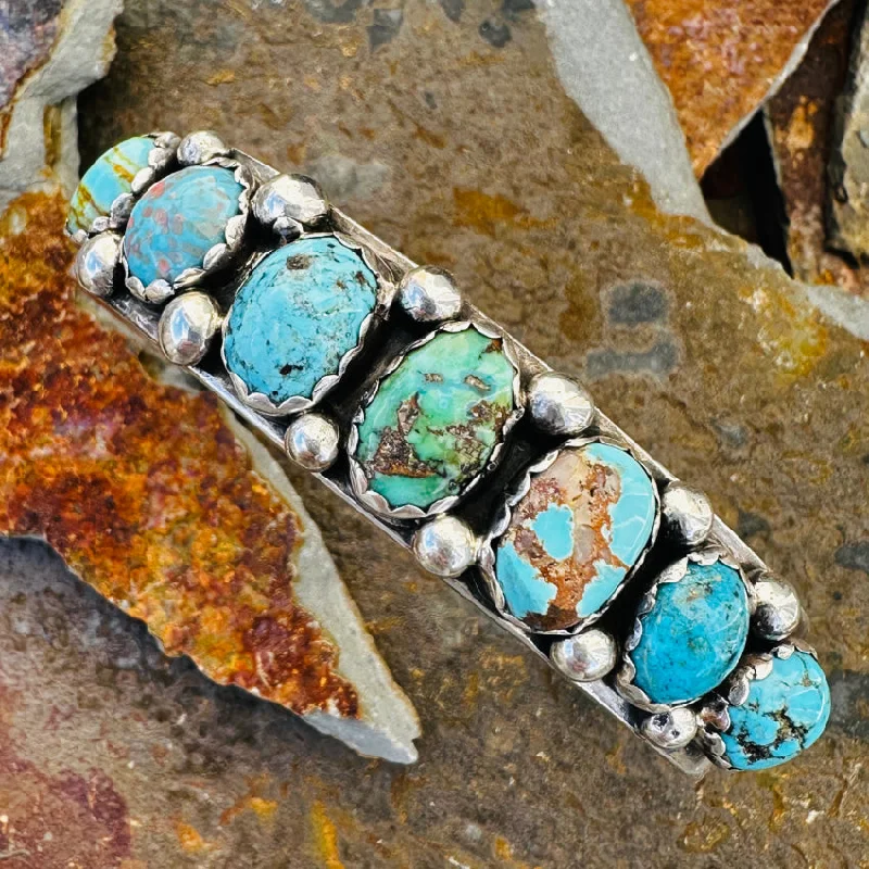 Chunky stone bangles-Vintage Navajo Sterling Silver Sampler Turquoise Row Bracelet