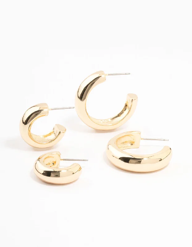 Thin threader earrings-Gold Plated Chunky Hoop Earrings 2-Pack