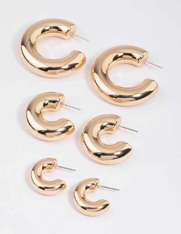 Large hoop earrings-Gold Thick Smooth Hoop Earrings Pack