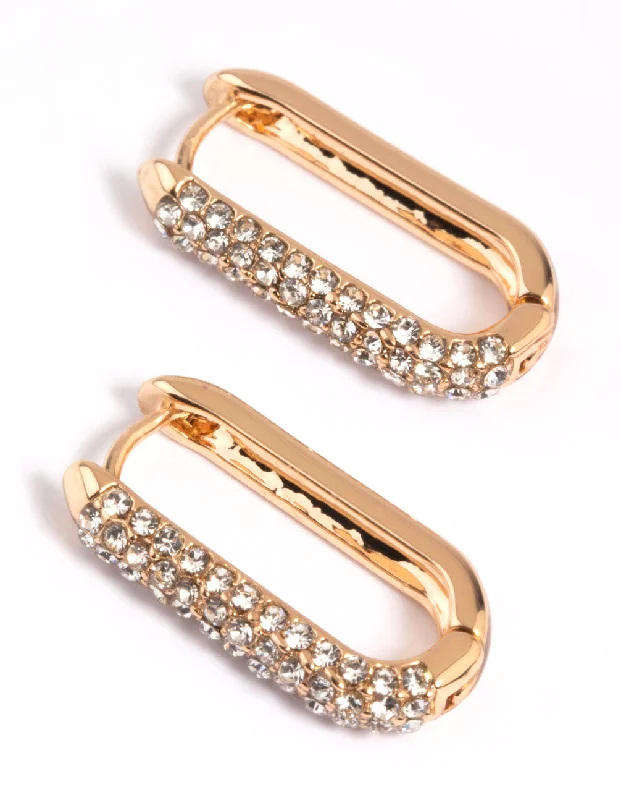 Light wood earrings-Gold Diamante Oval Huggie Hoop Earrings