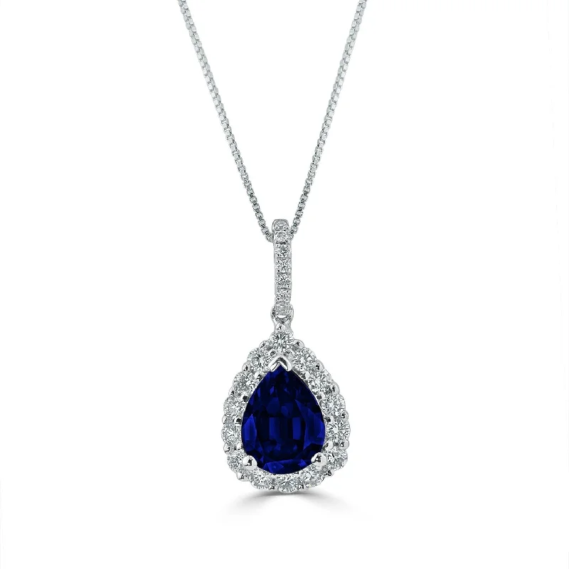 Shiny gold necklaces-Auriya 18k White Gold 1 1/3 ct. Pear-Shaped Blue Sapphire and Diamond Halo Necklace