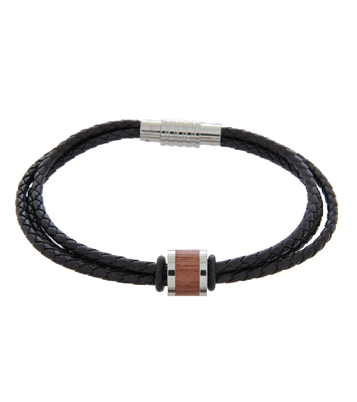 Pink quartz bangles-Mens Bracelet 23cm Triple Black Leather with Bubinga Link