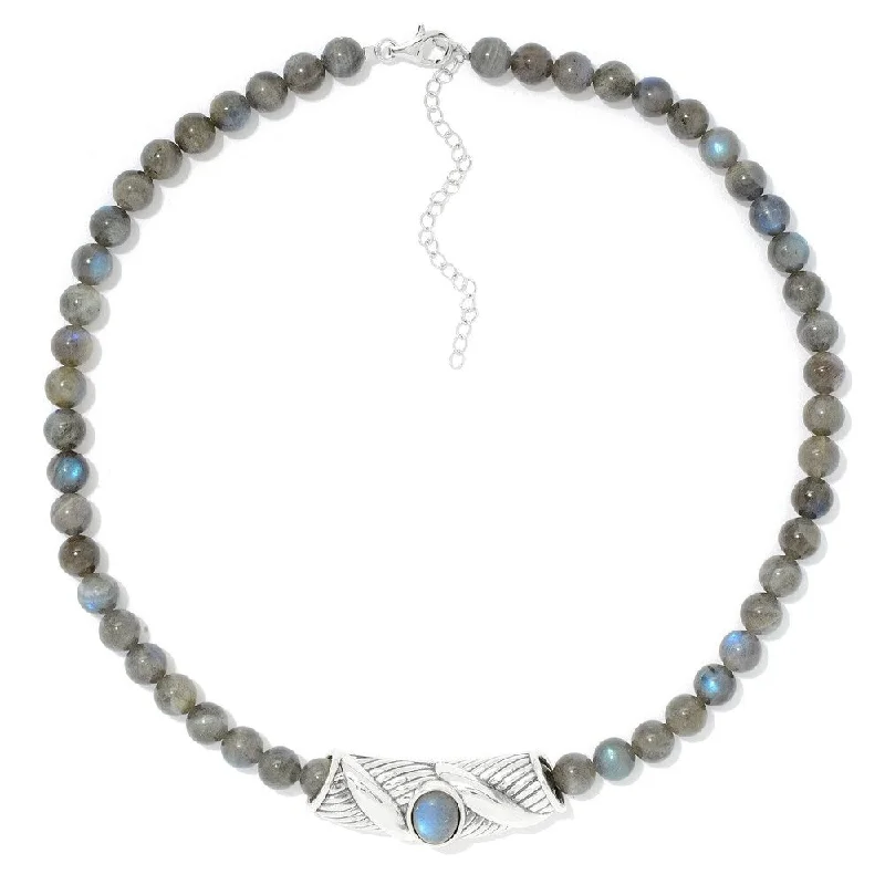 Silk fringe necklaces-Sterling Silver Oval Labradorite Slide Pendant & 18" Bead Necklace