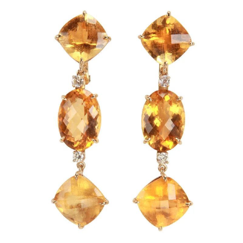 Baroque pearl earrings-Elegant Citrine Diamond Gold Three Stone Cushion Drop Earrings