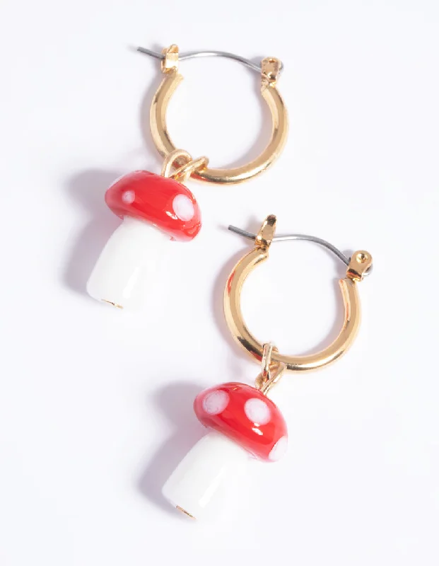 Wide statement earrings-90s Red Mushroom Huggie Hoop Earrings