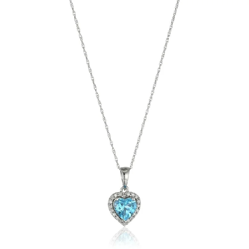 Retro photo necklaces-10k White Gold Swiss Blue Topaz Heart and Diamond Pendant Necklace, (1/10 cttw H-I Color, I1-I2 Clarity), 18"