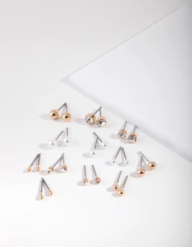 Topaz earrings-Gold Multi Size Diamante Stud 12-Pack