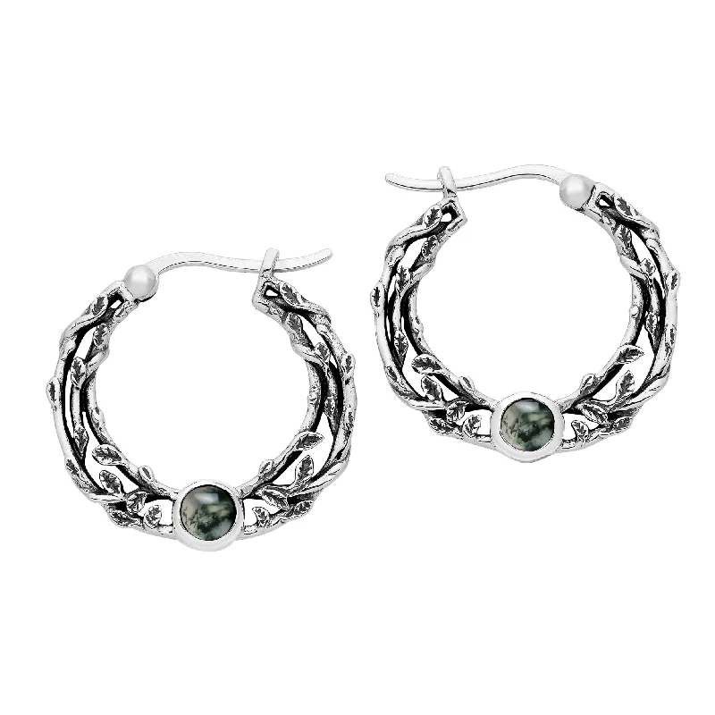 Tiny dot earrings-FOLKLORE - Moss Agate & Sterling Silver Hoops