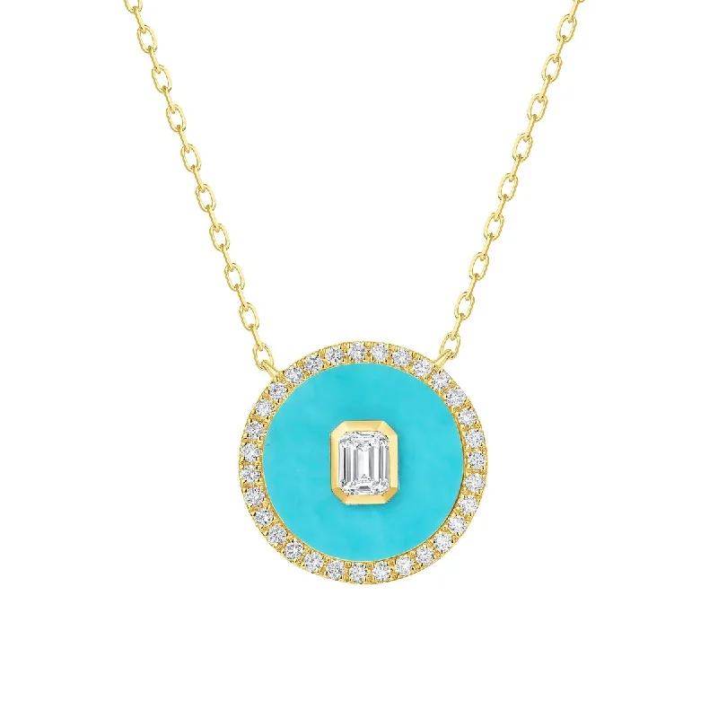 Retro deco necklaces-Joelle Diamond Medallion Necklace in Turquoise, 14K Gold