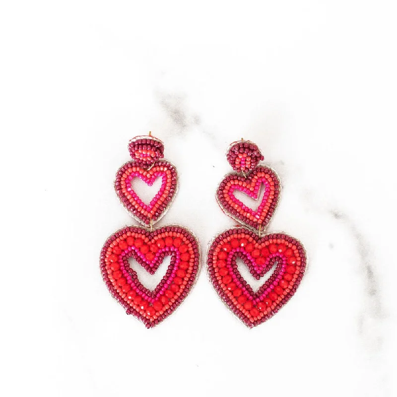 Fine triangle earrings-Double Tier Open Heart Beaded Earrings