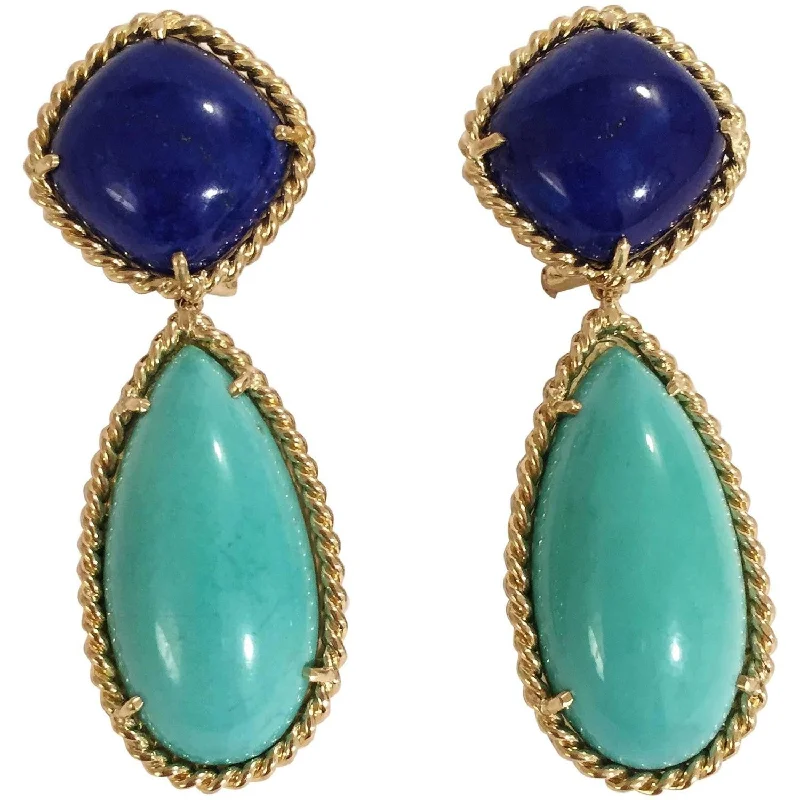 Light drop earrings-Elegant Lapis Turquoise Gold Rope Twist Edged Cushion Drop Earrings