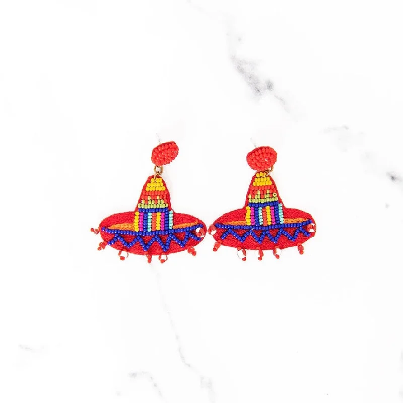 Wide statement earrings-Beaded Sombrero Earrings | Red