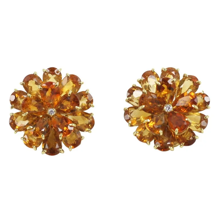 Retro clip earrings-Citrine Double Tier Flower Earrings with Diamond