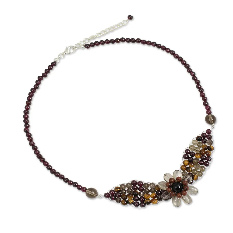 Ruby stone necklaces-Handmade Floral Solitaire Garnet and Smoky Quartz Pendant Necklace (Thailand)