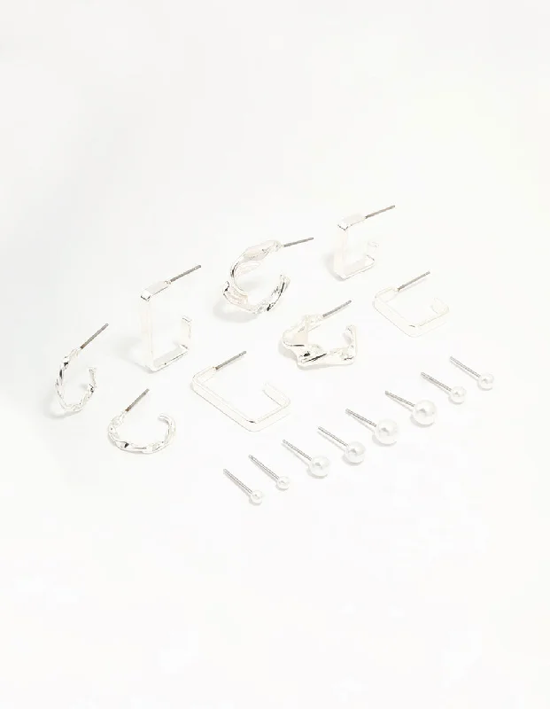 Solid ring earrings-Silver Pearl & Mixed Shape Hoop Earrings 8-Pack