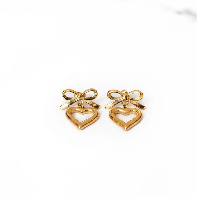 Mystic eye earrings-Bow + Heart Stainless Steel Drop Earrings