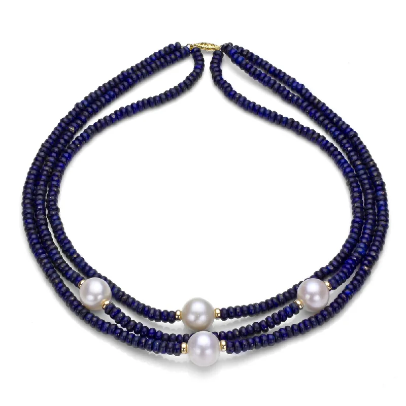 Vine braid necklaces-DaVonna 14k Gold 3-row Blue Lapis and White FW Pearl Necklace (11-12 mm)