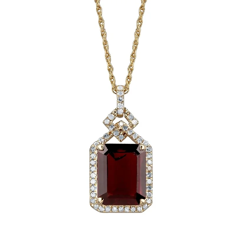 Thai style necklaces-Viducci 10k Yellow Gold Genuine Emerald-cut Garnet and 1/4ct Diamond Halo Necklace