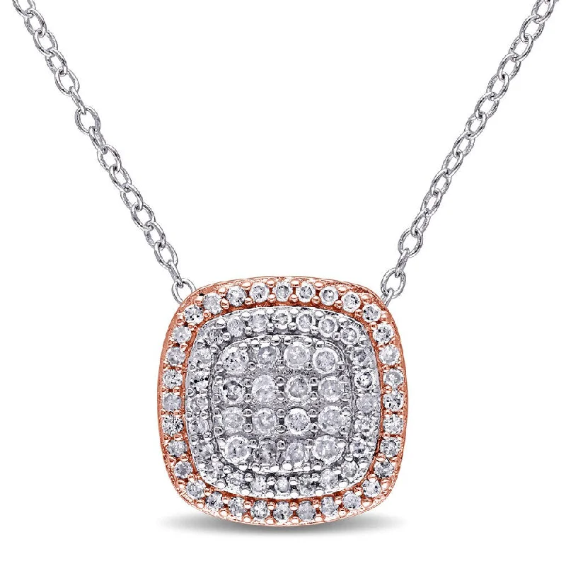 Antique bronze necklaces-Miadora 2-Tone White and Rose Plated Sterling Silver 1/2ct TDW Diamond Grid Double Halo Necklace