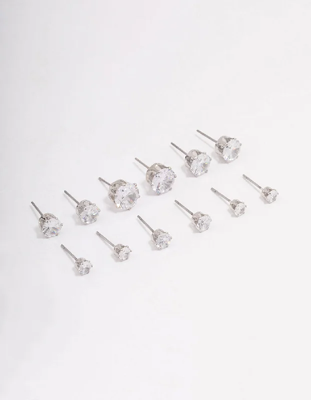 Topaz stud earrings-Silver Classic Round Cubic Zirconia Earring 6-Pack